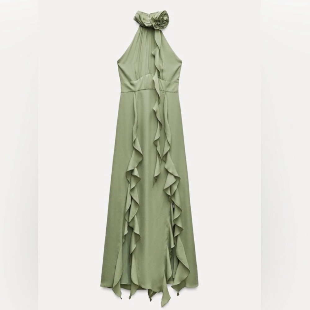 ZARA Green Ruffle Rosette Dress
